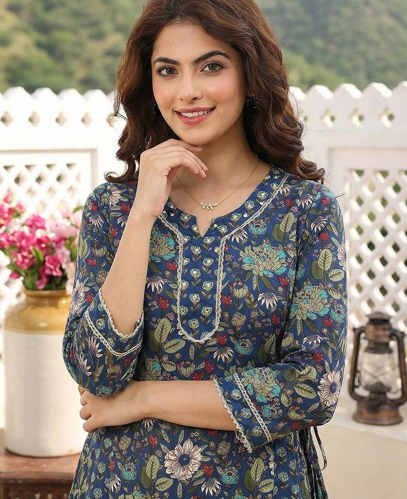 Anouk blue and green pure cotton anarkali regular kurta set