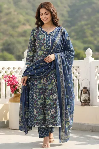 blue and green pure cotton anarkali regular kurta set