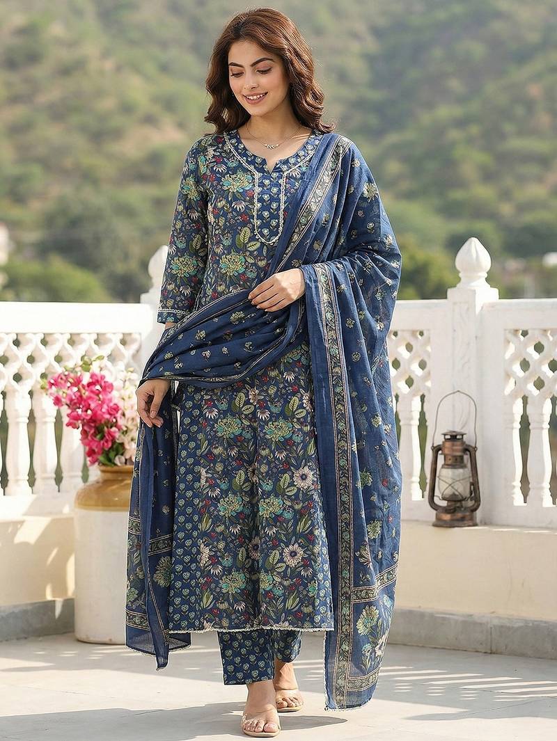 Anouk blue and green pure cotton anarkali regular kurta set