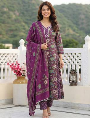 purple and green pure cotton anarkali regular kurta set 1