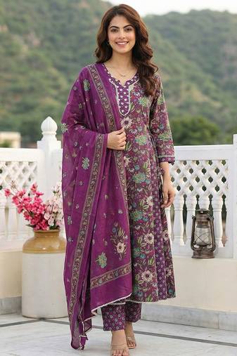 Anouk purple and green pure cotton anarkali regular kurta set