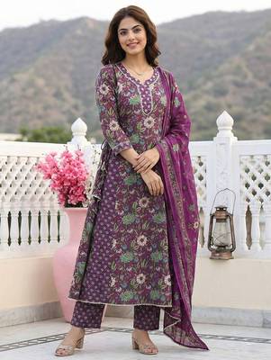 purple and green pure cotton anarkali regular kurta set 2