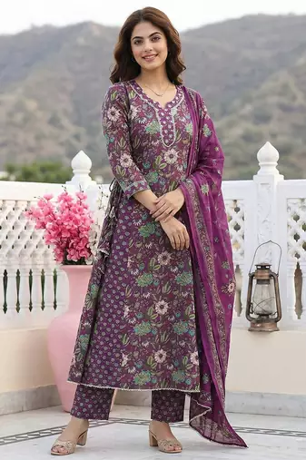 purple and green pure cotton anarkali regular kurta set