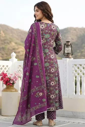 purple and green pure cotton anarkali regular kurta set