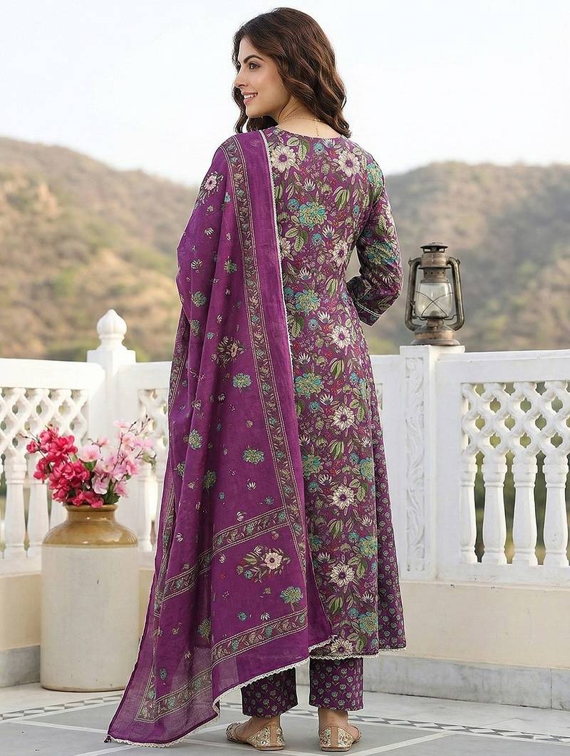 Anouk purple and green pure cotton anarkali regular kurta set