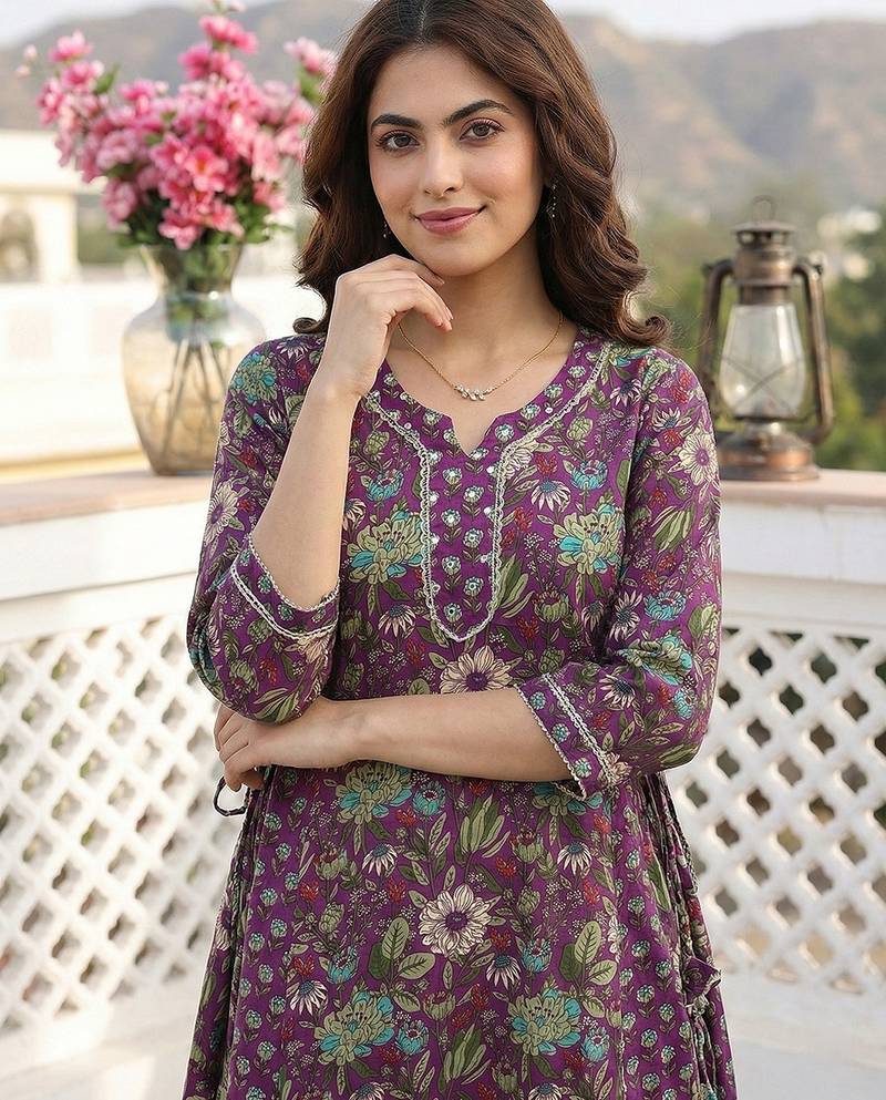 Anouk purple and green pure cotton anarkali regular kurta set