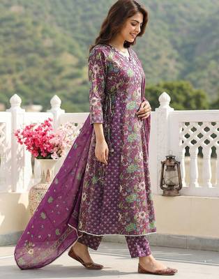 purple and green pure cotton anarkali regular kurta set 5