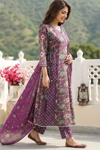 purple and green pure cotton anarkali regular kurta set