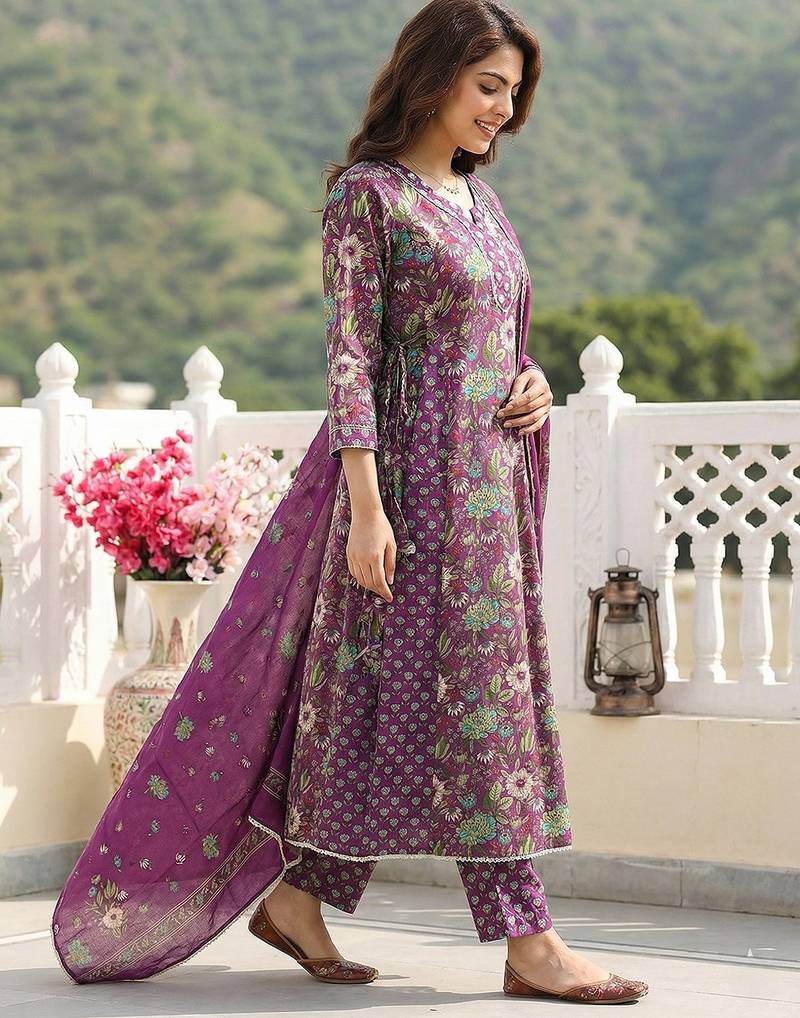 Anouk purple and green pure cotton anarkali regular kurta set