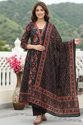 Anouk black pure cotton a-line regular kurta set