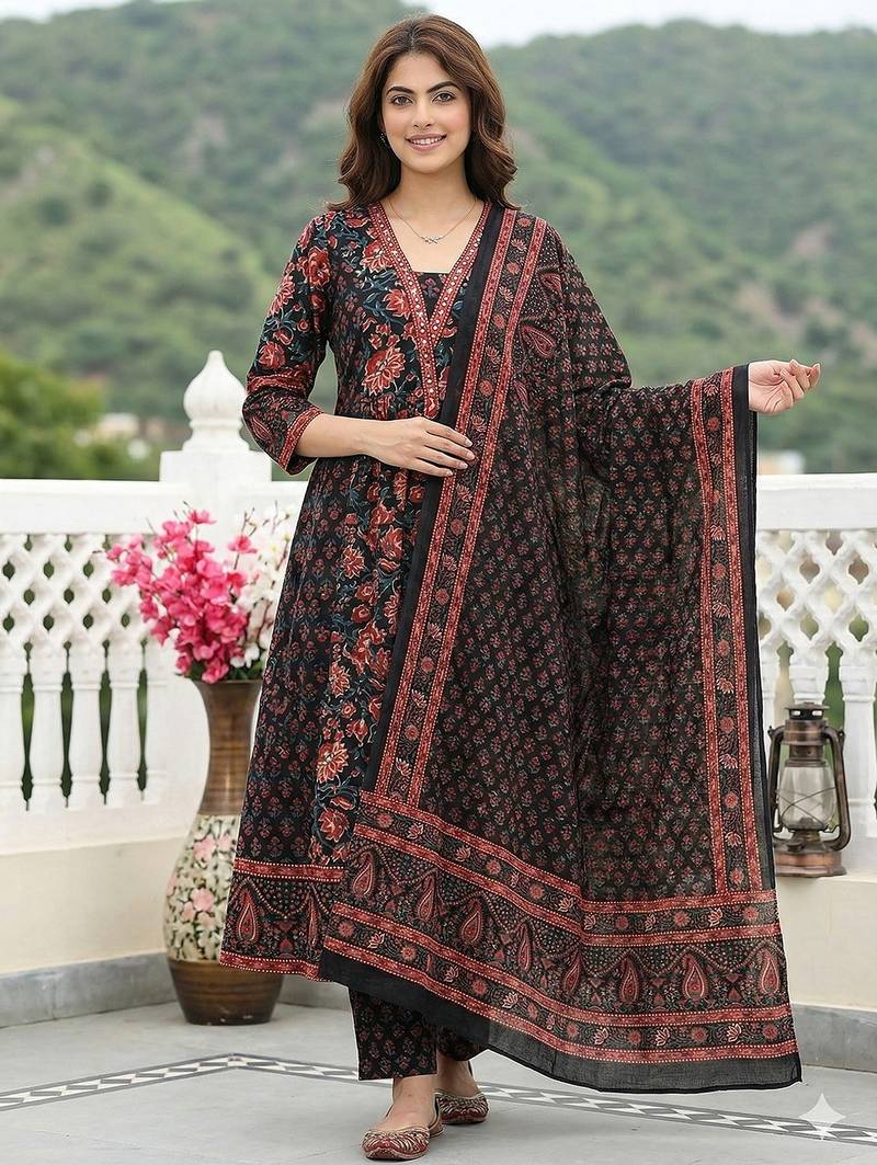 Anouk black pure cotton a-line regular kurta set