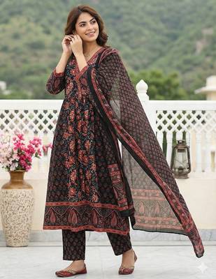 Anouk black pure cotton a-line regular kurta set 2