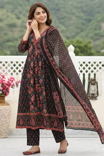Anouk black pure cotton a-line regular kurta set