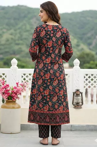 Anouk black pure cotton a-line regular kurta set