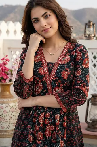 Anouk black pure cotton a-line regular kurta set