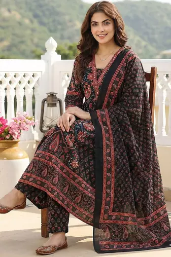 Anouk black pure cotton a-line regular kurta set