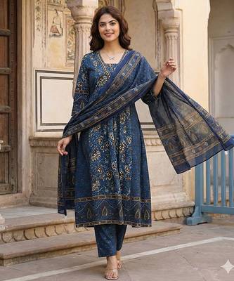 blue pure cotton a-line regular kurta set 1