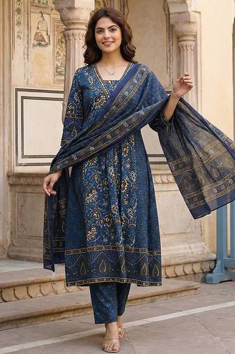 Anouk blue pure cotton a-line regular kurta set