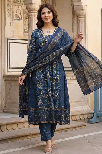 Anouk blue pure cotton a-line regular kurta set