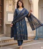 Anouk blue pure cotton a-line regular kurta set