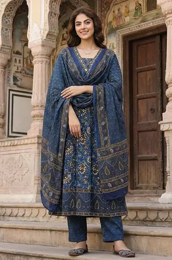 blue pure cotton a-line regular kurta set