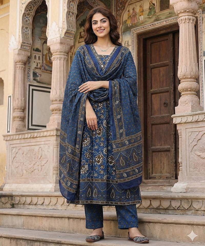 Anouk blue pure cotton a-line regular kurta set