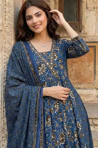 blue pure cotton a-line regular kurta set