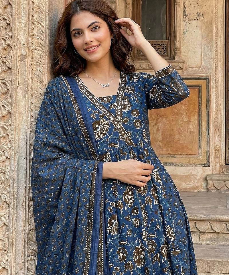 Anouk blue pure cotton a-line regular kurta set