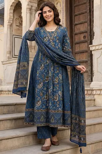 blue pure cotton a-line regular kurta set