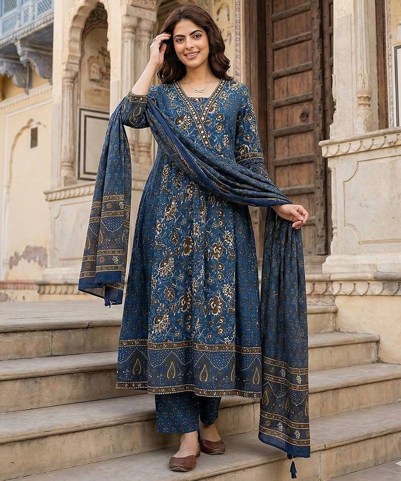 Anouk blue pure cotton a-line regular kurta set