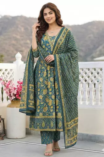 Anouk green pure cotton a-line regular kurta set