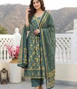 Anouk green pure cotton a-line regular kurta set