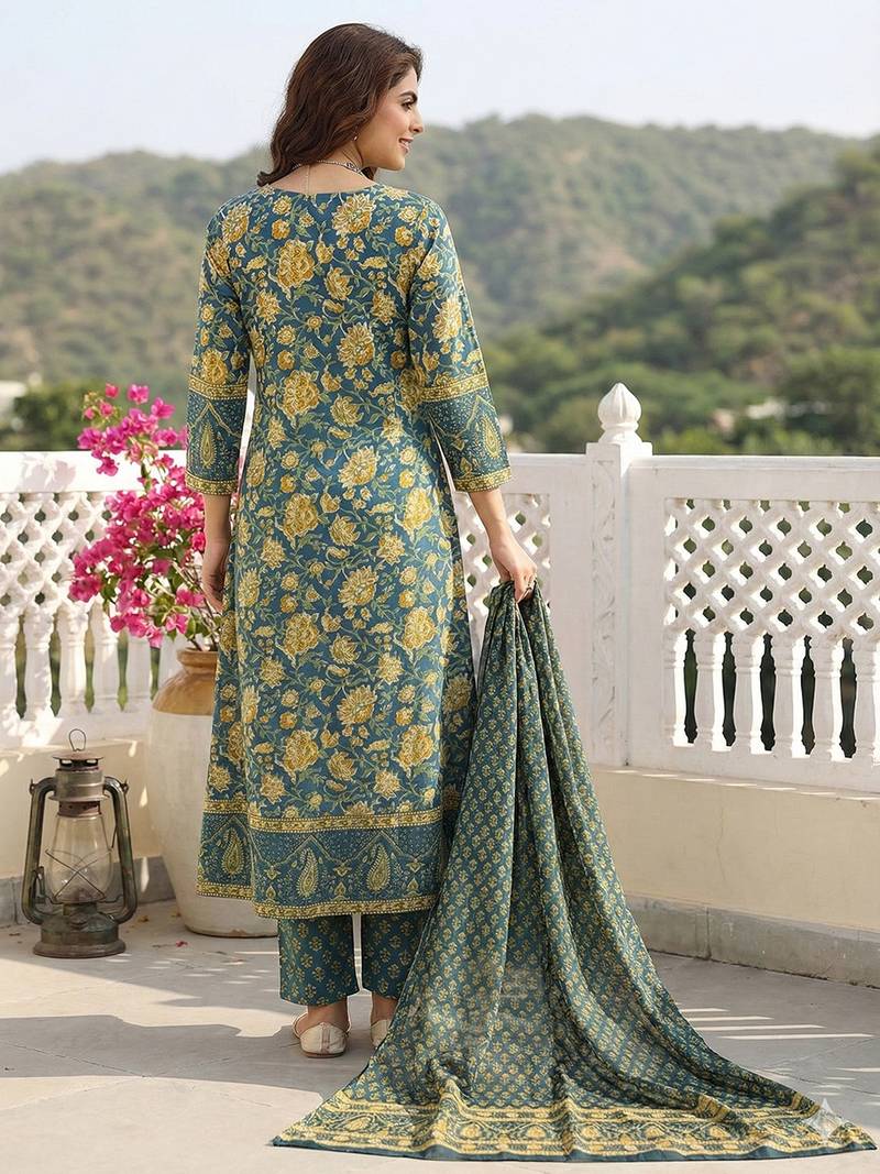 Anouk green pure cotton a-line regular kurta set