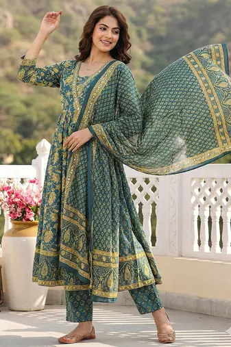 green pure cotton a-line regular kurta set