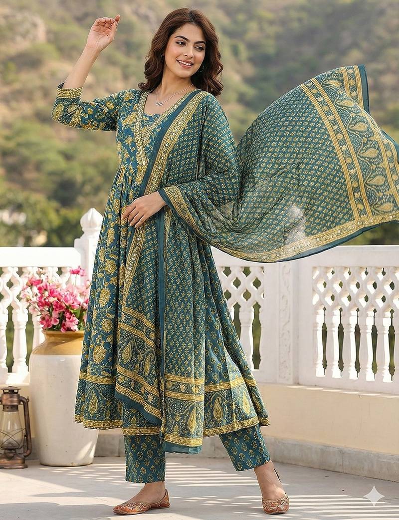 Anouk green pure cotton a-line regular kurta set