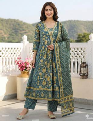 green pure cotton a-line regular kurta set 4