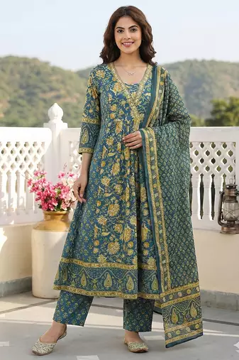 green pure cotton a-line regular kurta set