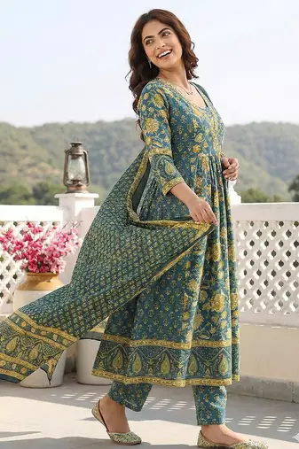 green pure cotton a-line regular kurta set
