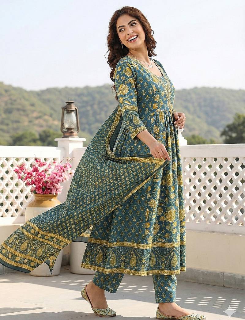 Anouk green pure cotton a-line regular kurta set
