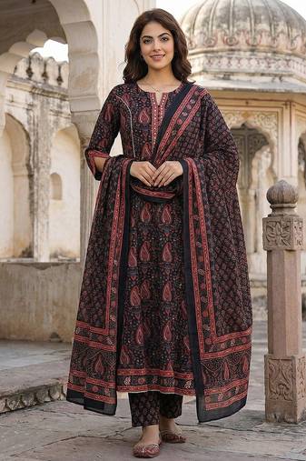Anouk black and red pure cotton anarkali regular kurta set