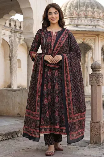 Anouk black and red pure cotton anarkali regular kurta set