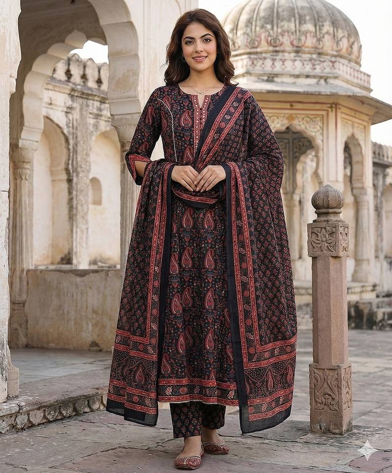 Anouk black and red pure cotton anarkali regular kurta set