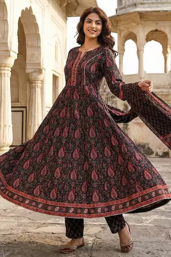 black and red pure cotton anarkali regular kurta set
