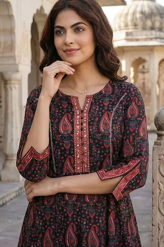 black and red pure cotton anarkali regular kurta set