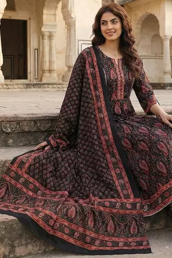 black and red pure cotton anarkali regular kurta set