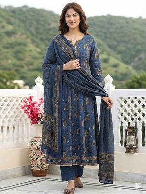 blue and brown pure cotton anarkali regular kurta set 1