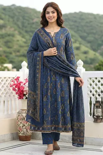Anouk blue and brown pure cotton anarkali regular kurta set