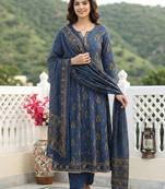 Anouk blue and brown pure cotton anarkali regular kurta set