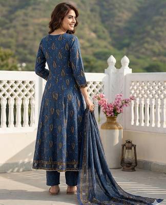 blue and brown pure cotton anarkali regular kurta set 2