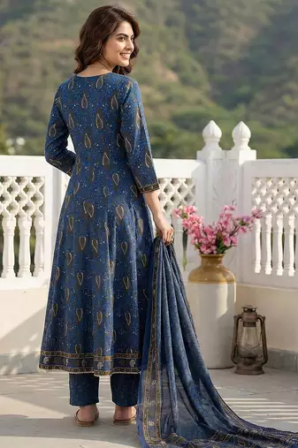 blue and brown pure cotton anarkali regular kurta set